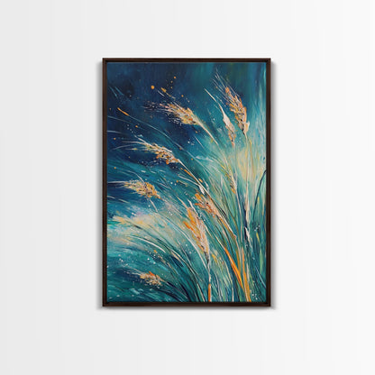 Wheat Fields Framed Canvas Print Rustic Farmhouse Wall Art, Deep Blue Abstract Painting, Autumn Home Decor, Cozy Country Living