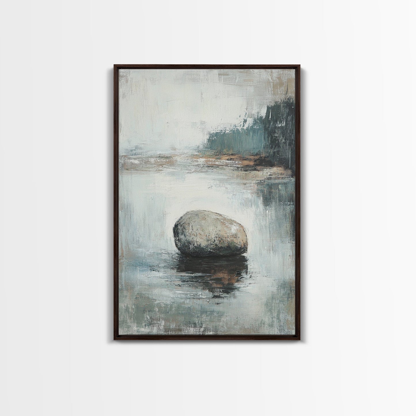 Serene River Rock Canvas Print Nature Inspired Wall Art, Minimalist Landscape Painting, Zen Decor, Neutral Tones, Living Room Artwork