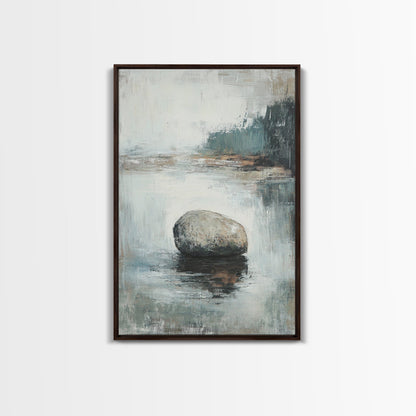 Serene River Rock Canvas Print Nature Inspired Wall Art, Minimalist Landscape Painting, Zen Decor, Neutral Tones, Living Room Artwork