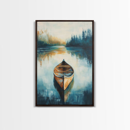 Still Water Canoe, Lake Tahoe Art, Nautical Painting, Rustic Wall Art, Moody Art, Extra Wide Art, Above Couch Art, Canvas Print