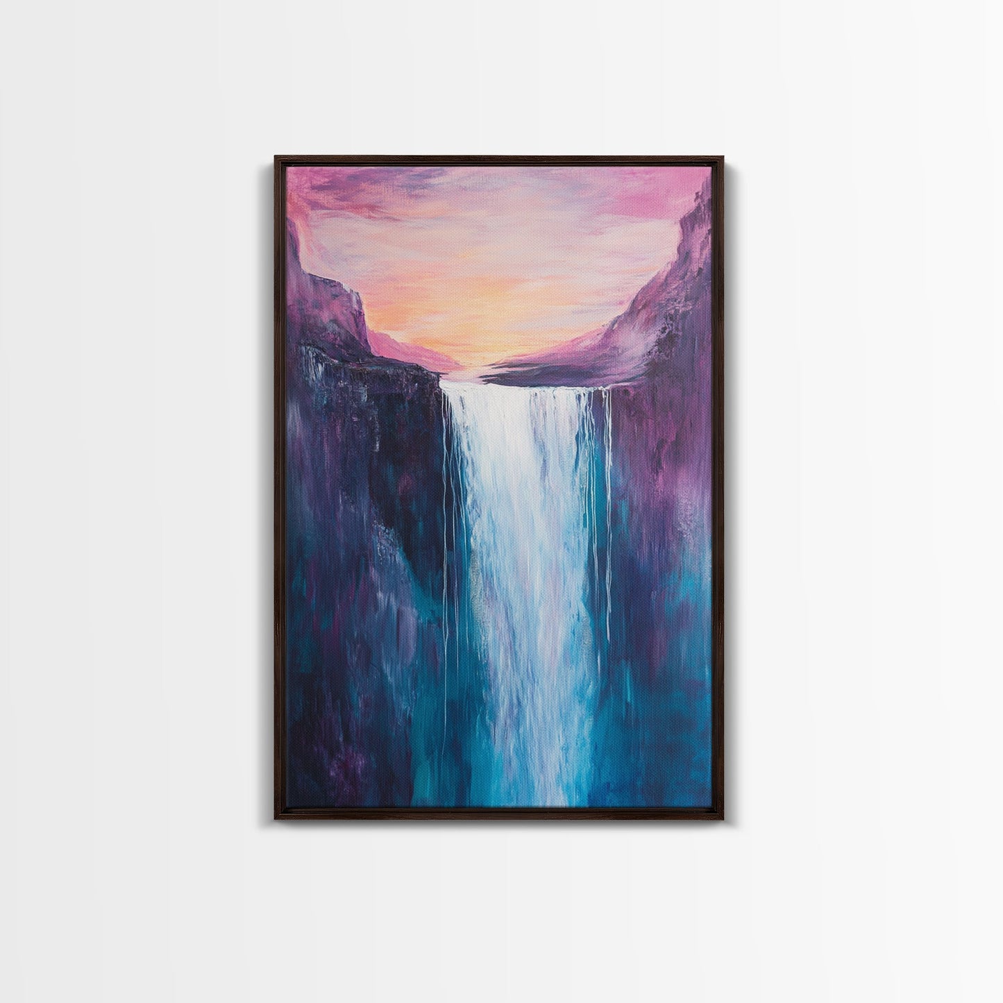 Waterfall Sunset, Moody Art, Mountain Painting, Landscape Painting, Pink Orange Wall Art, Above Couch Art, Canvas Print