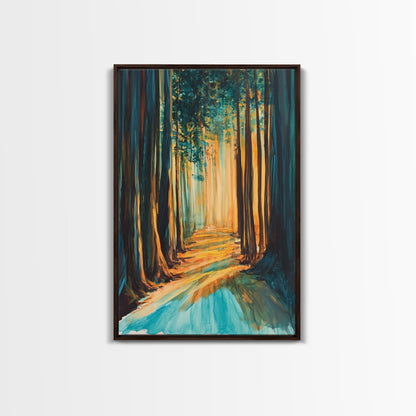 Golden Forest, moody art, pine tree art, wabi sabi wall art, landscape painting, rustic decor, Framed Canvas Print, autumn decor