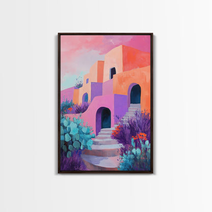 Desert House, Southwest Art, Colorful Adobe Painting, Boho Wall Art, Pink Orange Wall Art, Living Room Art, Framed Canvas Print
