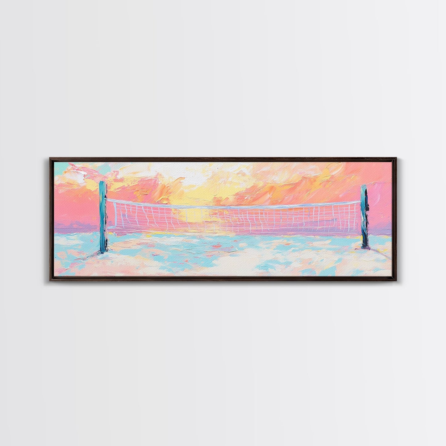 Sunset Beach Volleyball Painting, Pastel Ocean Sports Art, Fun Summer Wall Decor, Playful Living Room, Framed Canvas Print