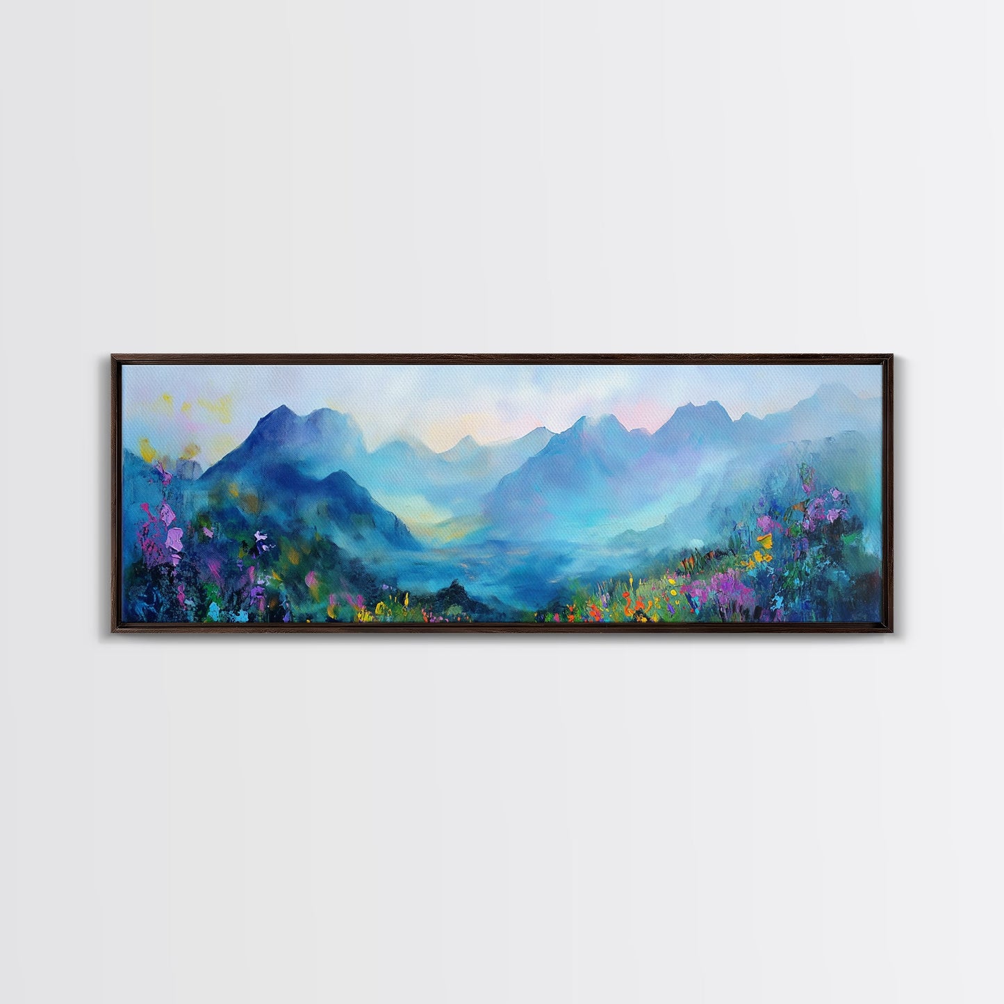 Alpine Sunrise Framed Canvas Print - Misty Mountain Wall Art, Nature Landscape Painting, Warm Toned Home Decor, Living Room Accent