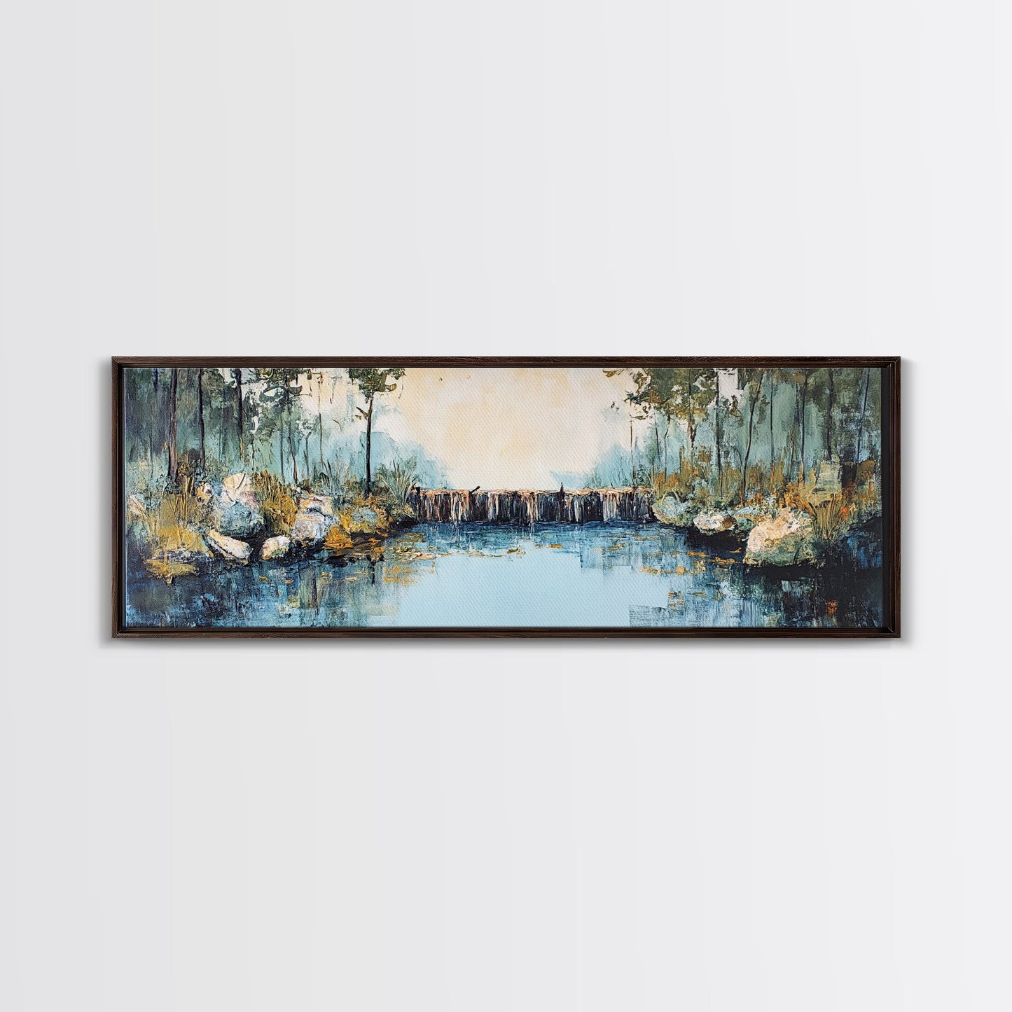 Tranquil River Framed Canvas Print Nature Landscape Art Rustic Cabin Decor Serene Waterfall Painting Lodge Wall Art Autumn Forest Scene