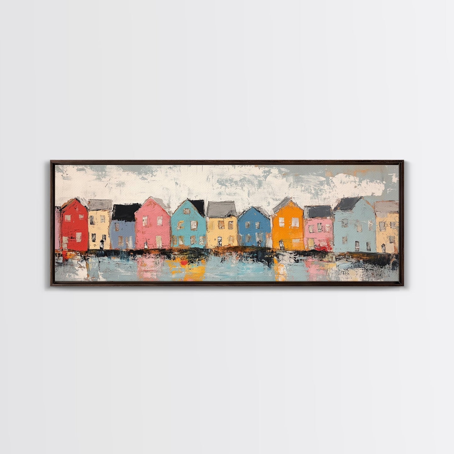 Coastal Village Houses Framed Canvas Print Colorful Seaside Town Painting Rustic Home Wall Art Nautical Decor Large Wall Art