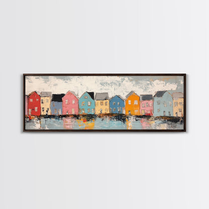 Coastal Village Houses Framed Canvas Print Colorful Seaside Town Painting Rustic Home Wall Art Nautical Decor Large Wall Art