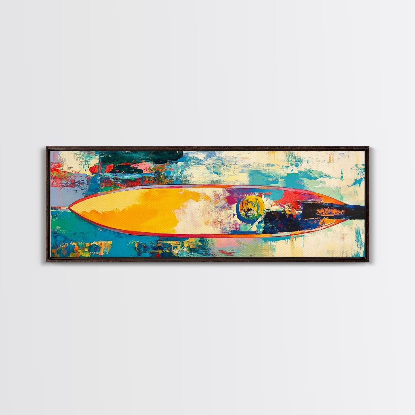 Abstract Surfboard Framed Canvas Print Coastal Beach House Wall Art, Vibrant Surfing Decor, Colorful Ocean Painting, Modern Boho Art