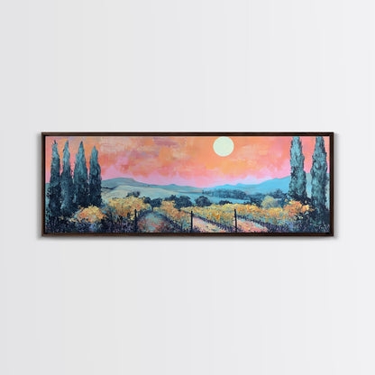 Tuscany Vineyard Painting Sunset Landscape Wall Art Rustic Countryside Decor Warm Autumn Aesthetic Dining Room