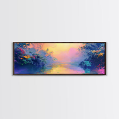 Vibrant Sunset River Framed Canvas Print, Colorful Nature Art, Dreamy Landscape Painting, Living Room Wall Art, Boho Sunset Decor