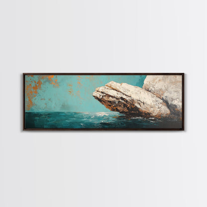 Coastal Rock Formation Framed Canvas Print, Ocean Cliff Painting, Nautical Wall Art, Beach House Decor, Textured Landscape Artwork