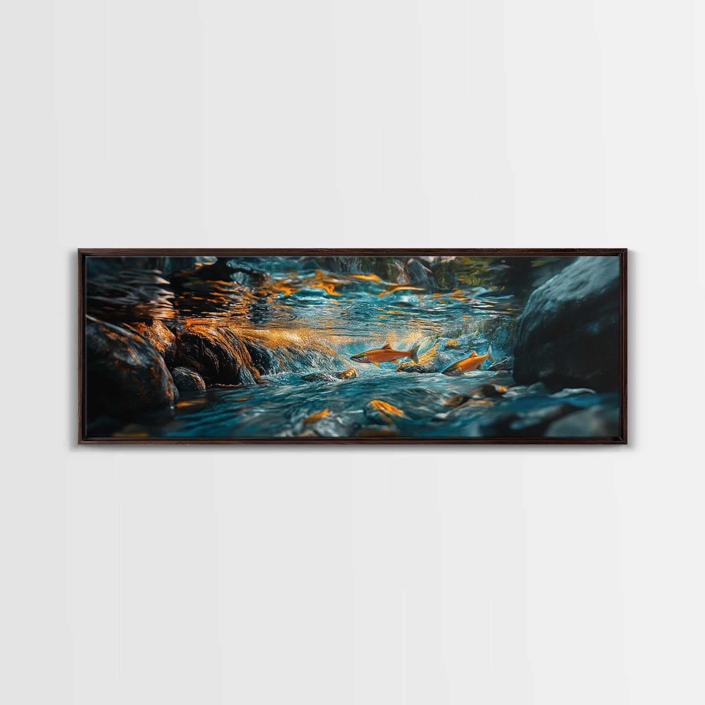 Vibrant Underwater River Scene Framed Canvas Print, Nature Wall Art, Rustic Cabin Decor, Wildlife Painting, Living Room Art