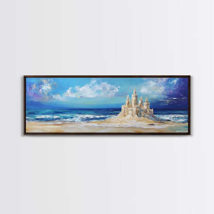 Fantasy Sandcastle Seascape Framed Canvas Print, Beach House Wall Art, Nautical Painting, Whimsical Ocean Scene, Kids Room Decor