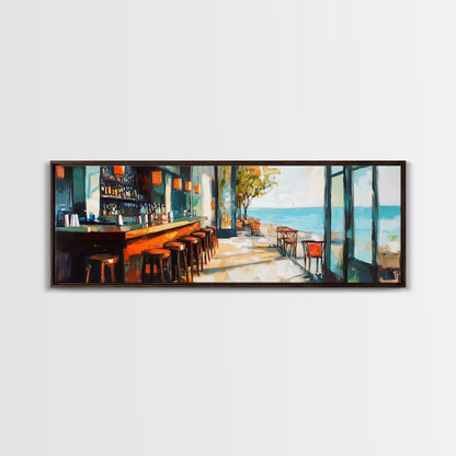 Coastal Beach Bar Framed Canvas Print Modern Seaside Cafe Painting, Coastal Kitchen Wall Art, Tropical Decor, Ocean View Artwork