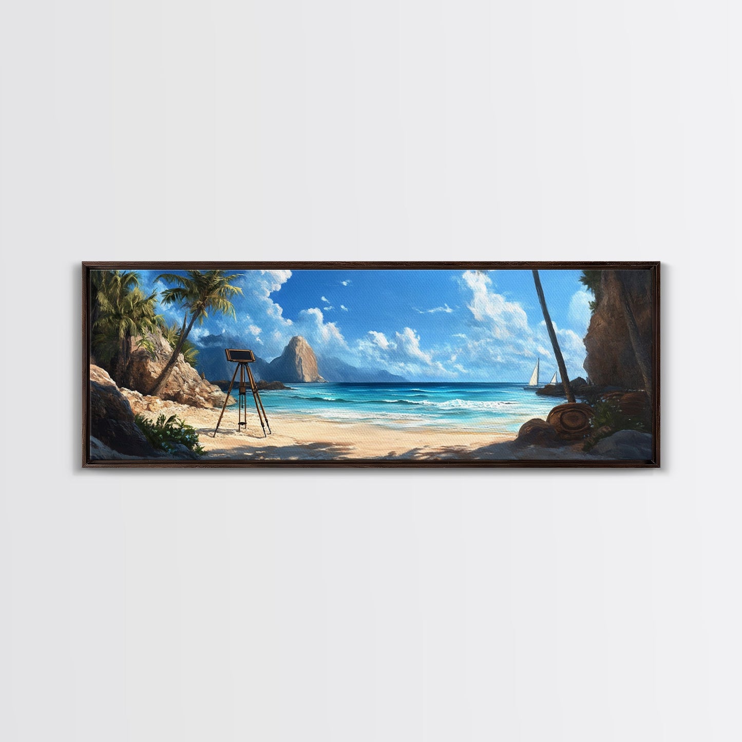 Tropical Beach Framed Canvas Print, Seaside Paradise Wall Art, Coastal Landscape Painting, Ocean View Decor, Office Art