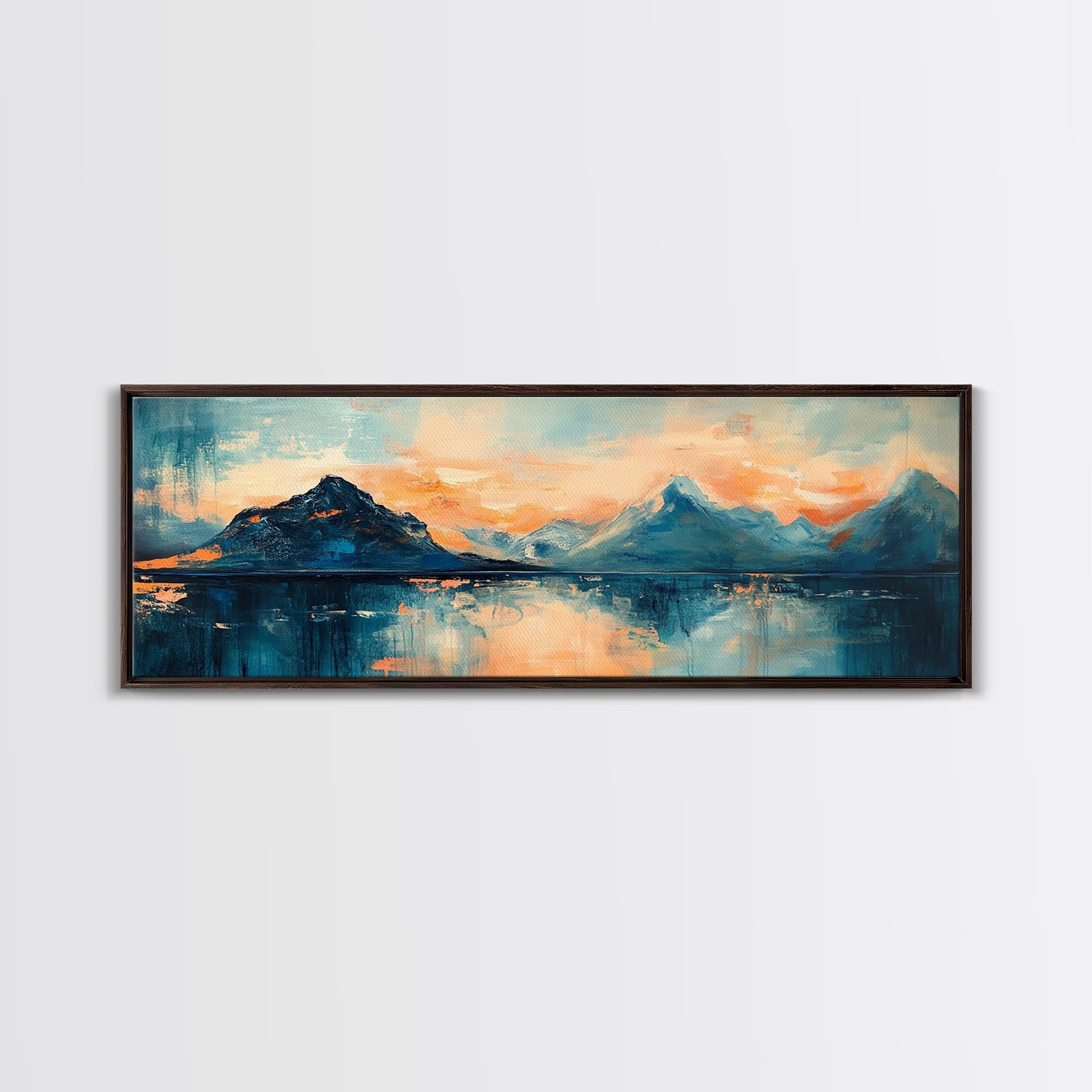 Mountain Reflections at Sunset Wall Art, Abstract Landscape Painting, Blue and Orange Artwork, Statement Piece, Office
