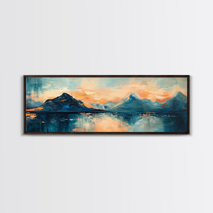 Mountain Reflections at Sunset Wall Art, Abstract Landscape Painting, Blue and Orange Artwork, Statement Piece, Office