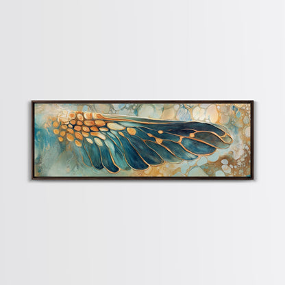 Elegant Butterfly Wing Abstract Art, Blue and Gold Nature Painting, Modern Minimalist Artwork, Bedroom or Office Wall Decor