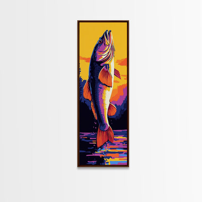 Jumping Fish, Bass Fishing Art, Vibrant Lake Scene, Bold Outdoor Wall Decor, Cabin Aesthetic, Nature Lover Gift, Framed Canvas Print