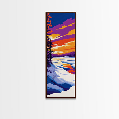 Snowy River, Winter Wonderland, Frosty Sunset, Framed Canvas Print, Cozy Cabin Art, Seasonal Wall Decor, Christmas Aesthetic, Minimalist