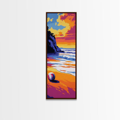 Beach Ball, Ocean Shore, Vibrant Sunset Art, Serene Seaside Print, Bold Beach House Decor, Relaxing Wall Aesthetic, Framed Canvas Print