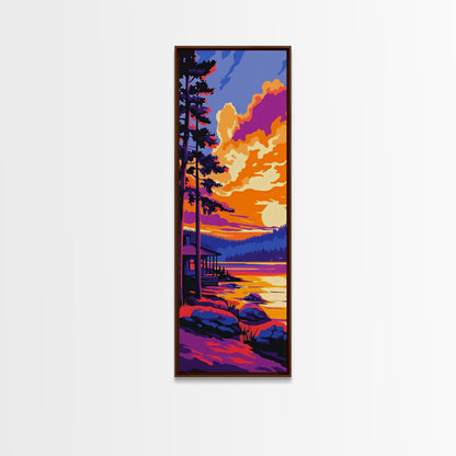 Sunset Cabin, Nature Art, Autumn Decor, Framed Canvas Print, Rustic Wall Art, Cozy Home Decor, Lake House Art, Landscape Painting