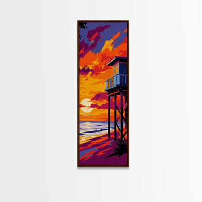 Lifeguard Tower, Ocean Sunset, Beach House Art, Framed Canvas Print, Coastal Wall Decor, Vibrant Seascape Painting, Nautical Decor