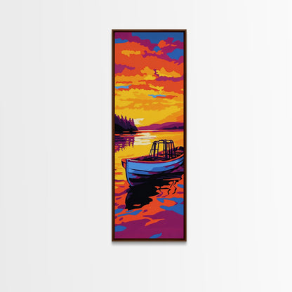 Boat, Sunset, Water, Reflection, Framed Canvas Print, Nautical Wall Art, Coastal Decor, Lakehouse Art, Cabin Wall Art, Living Room Art