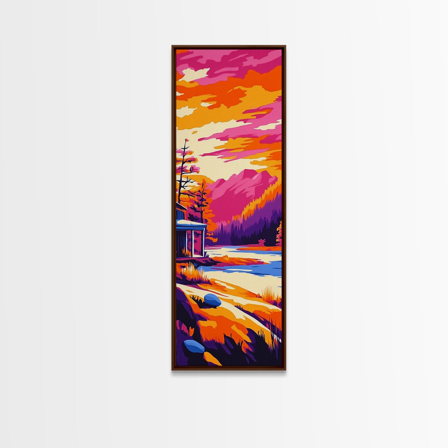 Sonnenuntergangsszene mit Hütte, gerahmter Leinwanddruck, lebendige Berglandschaft, Seelandschaft, gemütliche Hüttendekoration, Naturnahe Wohndekoration, rustikale Wandkunst