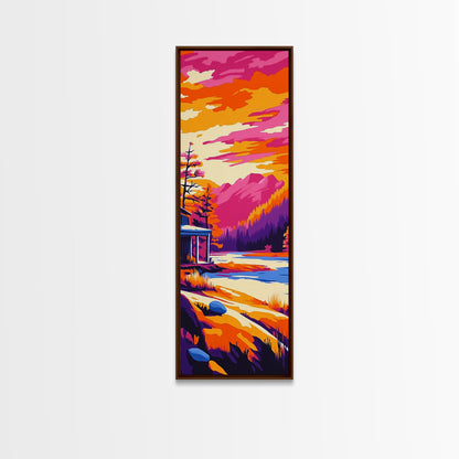 Sonnenuntergangsszene mit Hütte, gerahmter Leinwanddruck, lebendige Berglandschaft, Seelandschaft, gemütliche Hüttendekoration, Naturnahe Wohndekoration, rustikale Wandkunst