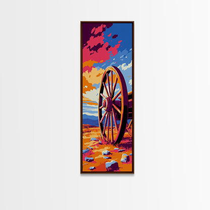 Wagenrad, rustikale Westernkunst, Bauernhausdeko, Ästhetik des Alten Westens, Wanddeko für Zuhause, Kunst fürs Wohnzimmer im Landhausstil, gerahmter Leinwanddruck