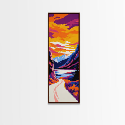 Mountain Lake, Scenic Road, Nature Escape, Boho Wall Art, Framed Canvas Print, Office Decor, Cozy Cabin Home Aesthetic