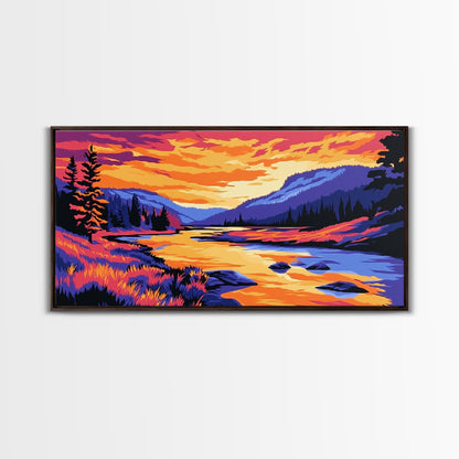 „Bergfluss im Glanz“, Leinwanddruck, Ruhige Landschaftskunst, Lebendige Naturszene, Rustikale Wanddekoration, Wohnzimmerkunst, Hüttenästhetik