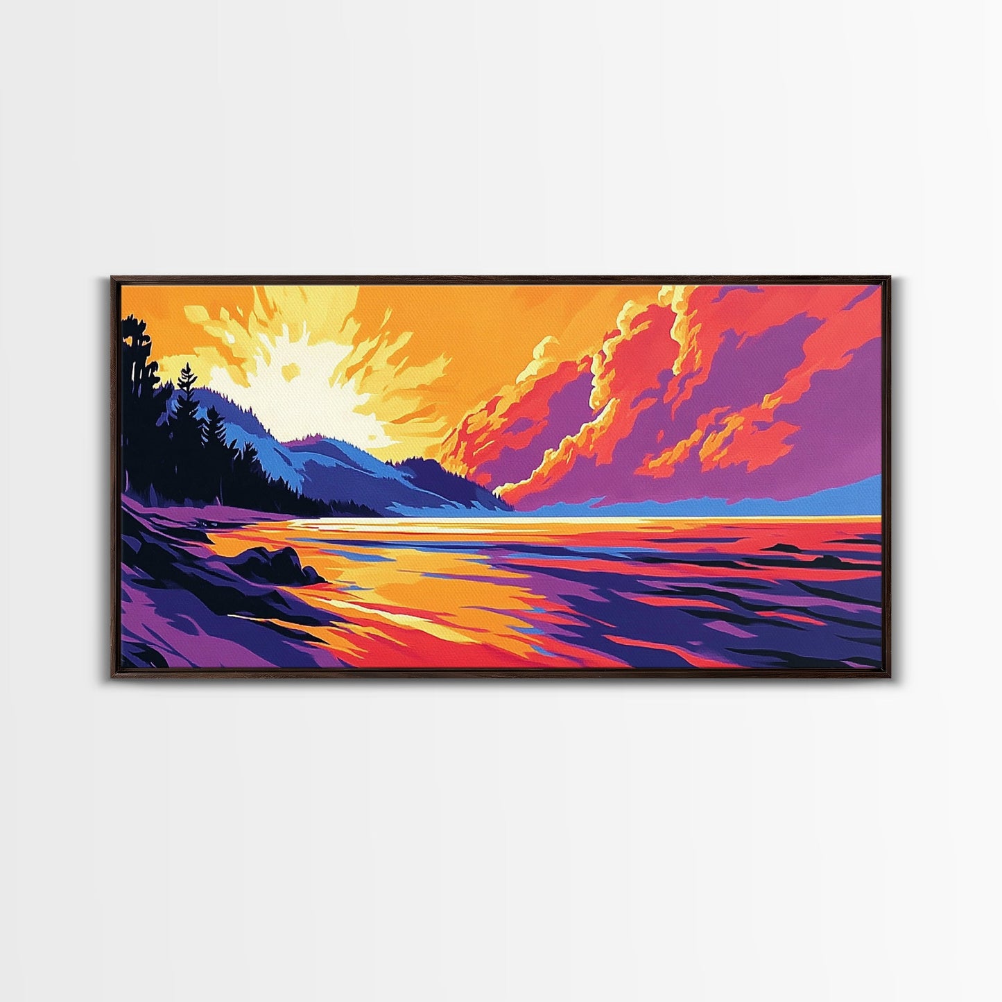 Lakeside Sunset, Vibrant Landscape Art, Warm Color Nature Scene, Bold Scenic Print, Framed Canvas Print, Living Room Wall Art
