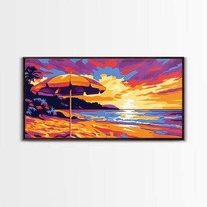 Beach Umbrella, Coastal Sunset Art, Vibrant Ocean Scene, Warm Tropical Decor, Beach Print, Canvas Print, Bedroom Wall Art, Lounge Art