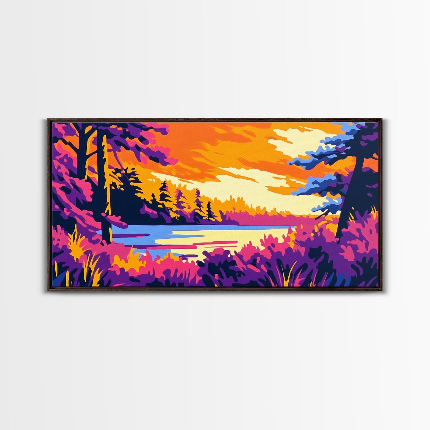 Forest Lake, Autumn Sunset, Vibrant Nature Scene, Rustic Cabin Wall Art, Cozy Home Aesthetic, Framed Canvas Print