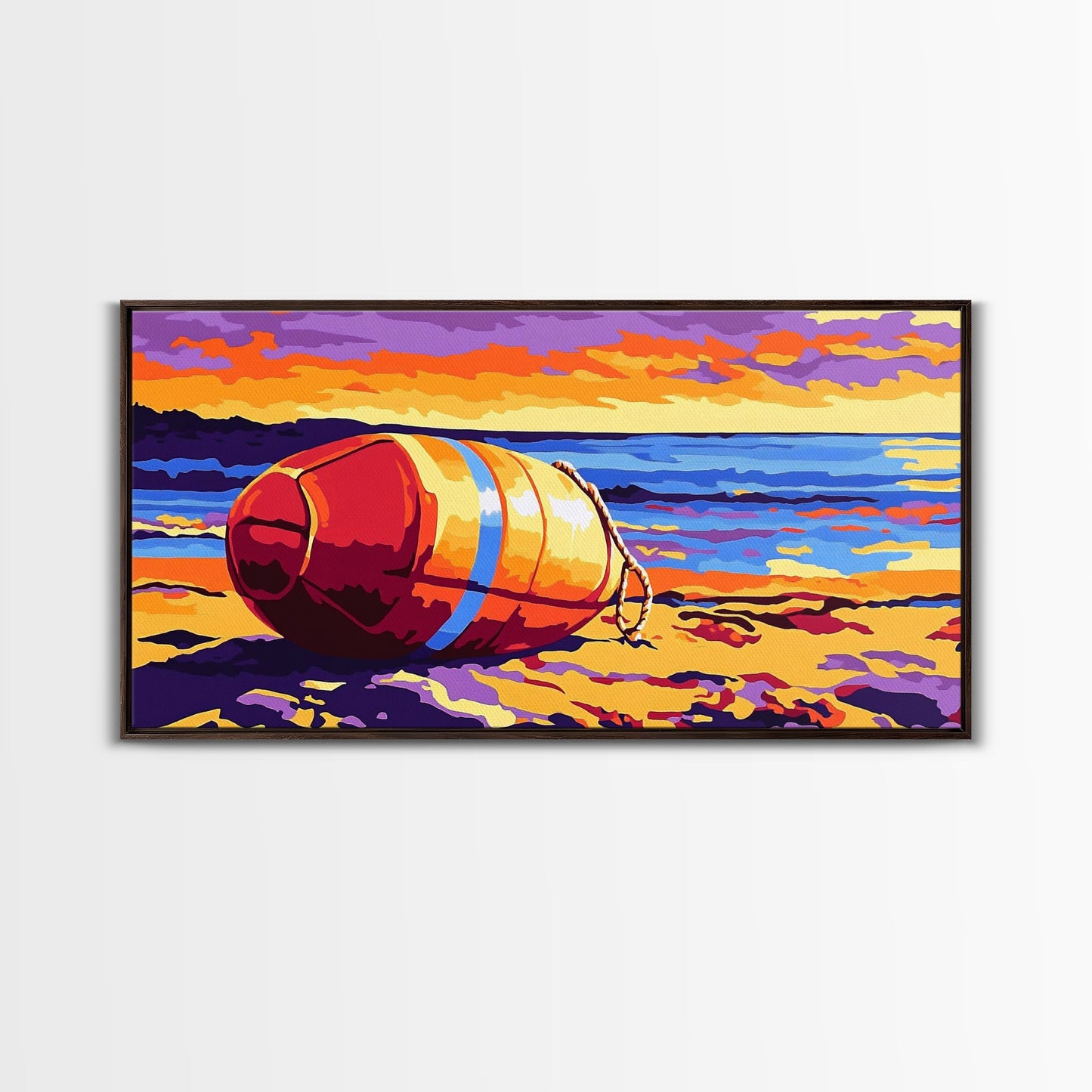 Beach Buoy, Coastal Sunset Painting, Vibrant Nautical Art, Ocean Shore Decor, Framed Canvas Print, Bathroom Wall Art, Beach House Style