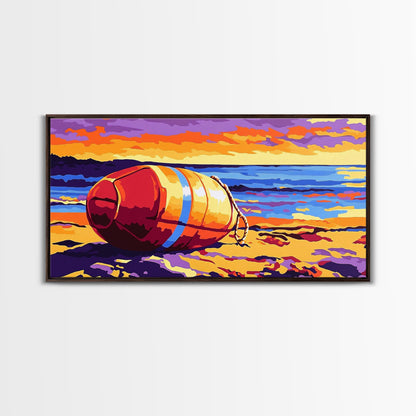 Beach Buoy, Coastal Sunset Painting, Vibrant Nautical Art, Ocean Shore Decor, Framed Canvas Print, Bathroom Wall Art, Beach House Style