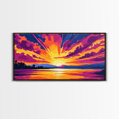Vibrant River Sunset, Colorful Landscape Wall Art, Warm Nature Print, Bold Sky Painting, Autumn Home Decor, Framed Canvas Print