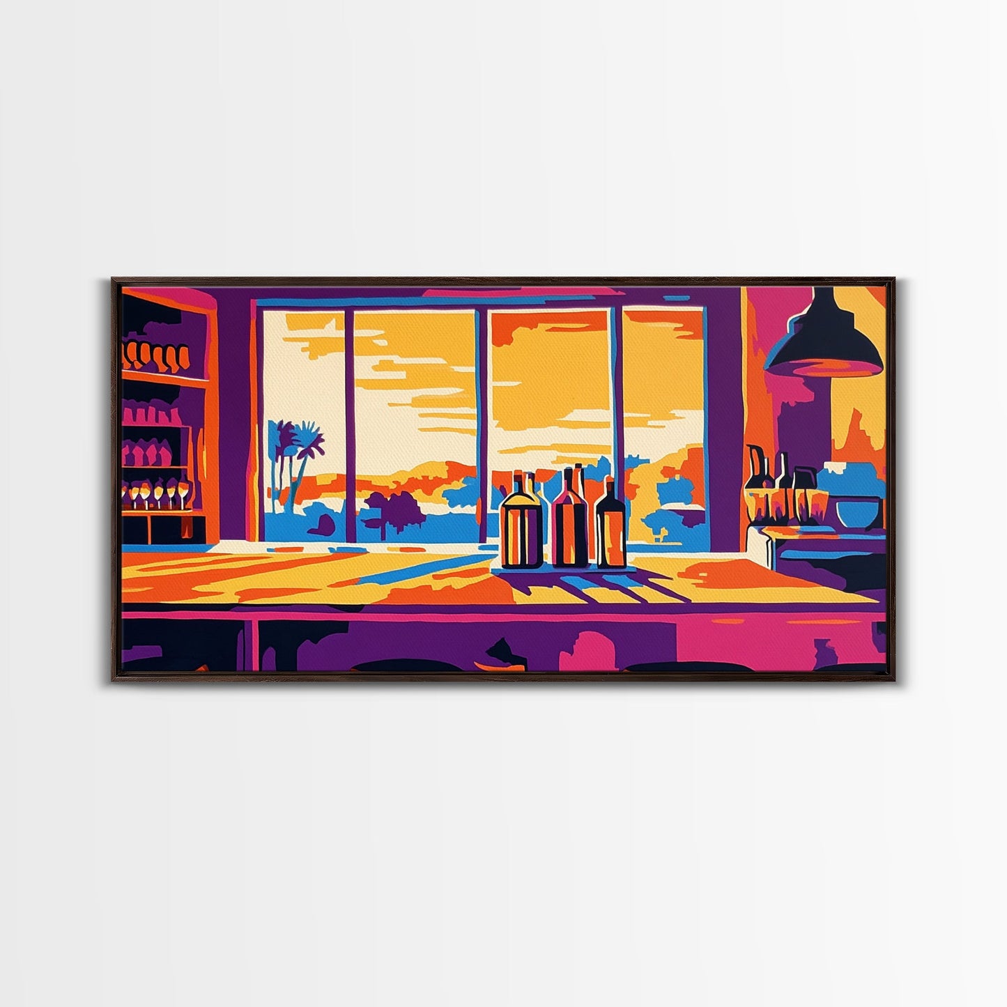 Bar Sunset, Wine Bottles, Cozy Kitchen, Framed Canvas Print, Wall Art, Modern Home, Dining Room, Cocktail Lounge, Warm Colors, Vibrant Art