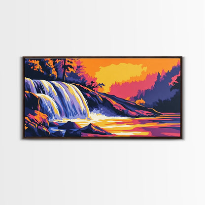 Waterfall, Forest, Autumn Sunset, Peaceful Scenery, Framed Canvas Print, Cabin Retreat, Rustic Home, Relaxing Nature, Vibrant Colors