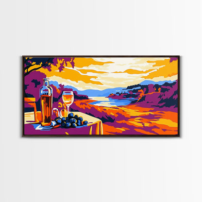 Wine and Sunset, Coastal Vineyard Art, Framed Canvas Print, Kitchen Wall Decor, Rustic Countryside Art, Tuscany Inspired