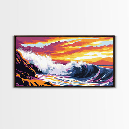 Crashing Wave, Sunset Surf, Nautical Wall Art, Framed Canvas Print, Coastal Decor, Ocean Lover Gift, Tropical Beach Art, Beach House Style