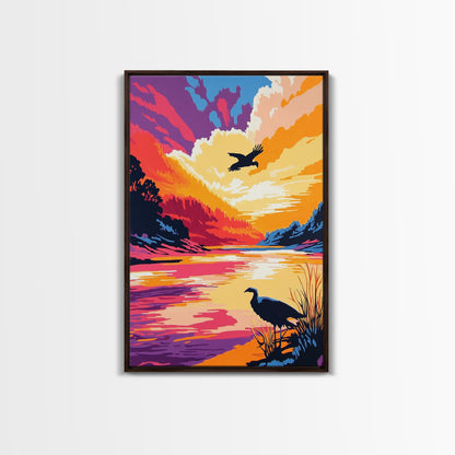 Sunset River, Birds, Framed Canvas Print, Vibrant Nature Art, Wildlife Wall Art, Autumn Landscape, Office Artwork, Colorful Sunset Scene