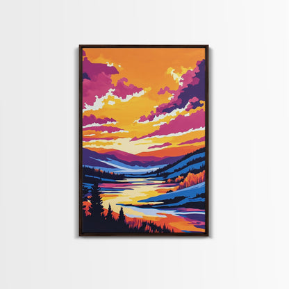 Sunset Valley, Reflection, Framed Canvas Print, Mountain River Art, Vibrant Landscape, Living Room Wall Art, Rustic Home Decor