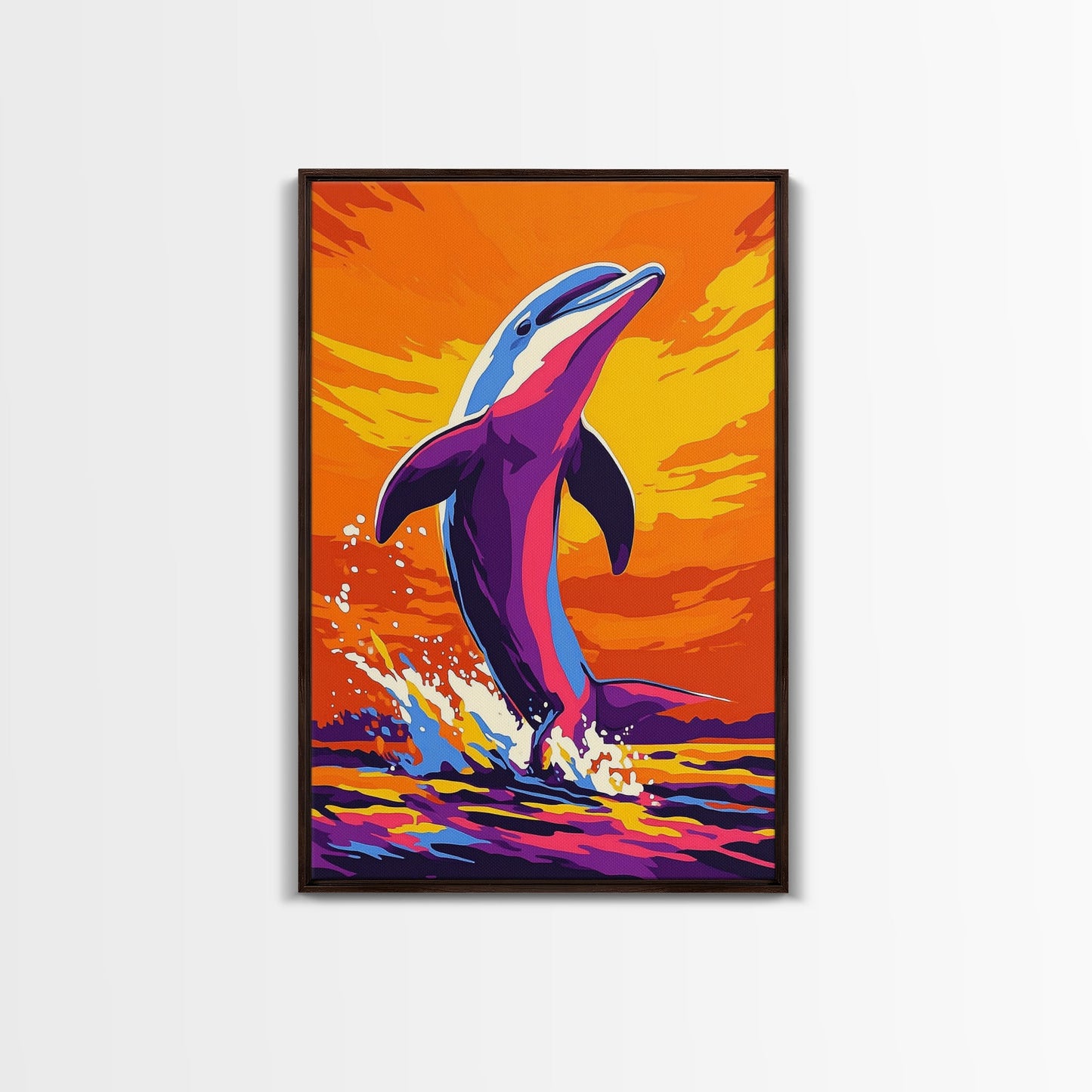 Dolphin Ocean, Sunset, Framed Canvas Print, Vibrant Sea Life Art, Beach House Decor, Coastal Living Art, Sunset Painting, Nautical Theme
