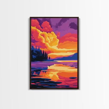 Tranquil Lake, Vibrant Sunset, Reflection Art, Serene Scene, Framed Canvas Print, Living Room Wall Art, Nature Decor, Landscape Painting
