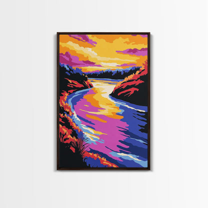 Sunset River Bend, Vibrant Landscape, Colorful Sky, Bold Nature, Framed Canvas Print, Living Room Art, Rustic Wall Decor, Boho Landscape