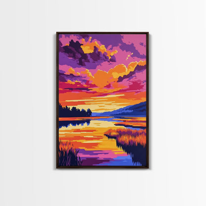 Sonnenuntergangsspiegelung, lebendige Naturkunst, Herbstlandschaft, malerische Wanddekoration, gerahmter Leinwanddruck, Wandbild fürs Wohnzimmer, Boho-Kunst
